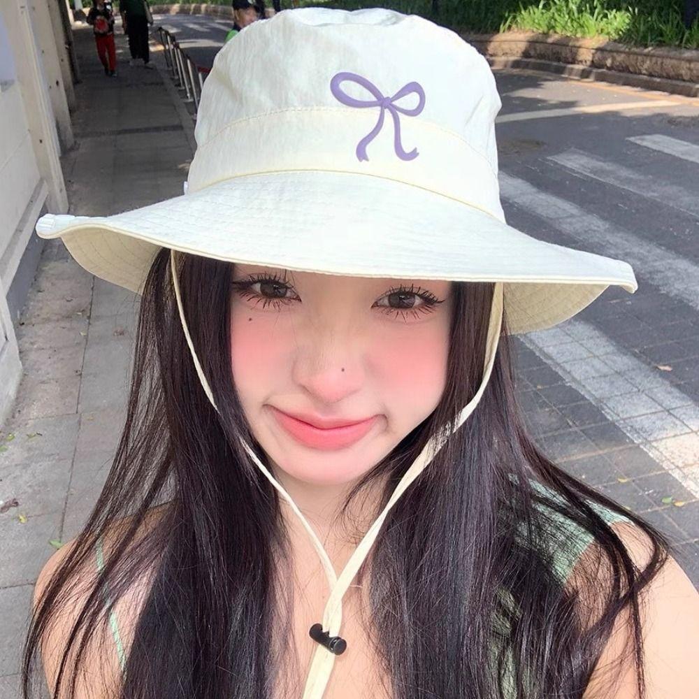 Sunscreen Bucket Hat Spring Summer Bow Strap Bucket Hats New Fishing Caps  For Outdoor Camping