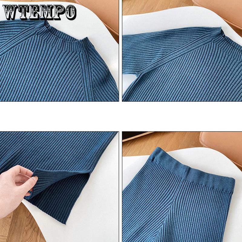 WTEMPO Осень-зима, женские комплекты из 2 предметов, вязаный спортивный костюм, свитер с круглым вырезом и длинные широкие спортивные штаны, пуловеры, костюмы