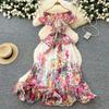 Sexy Chiffon Printed High-end Three-dimensional Ruffled Waist-cinching Slimming Dress for Women