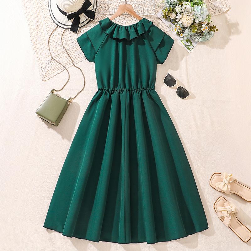 7-12Y Girls' Children's Suit Children's Dress Summer Skirt New Solid Colour Splicing Sleeve Princess Skirt