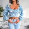 Spring Summer Square Neck Lantern Sleeve Bow Floral Chiffon Resort Crop Blouses S-XL
