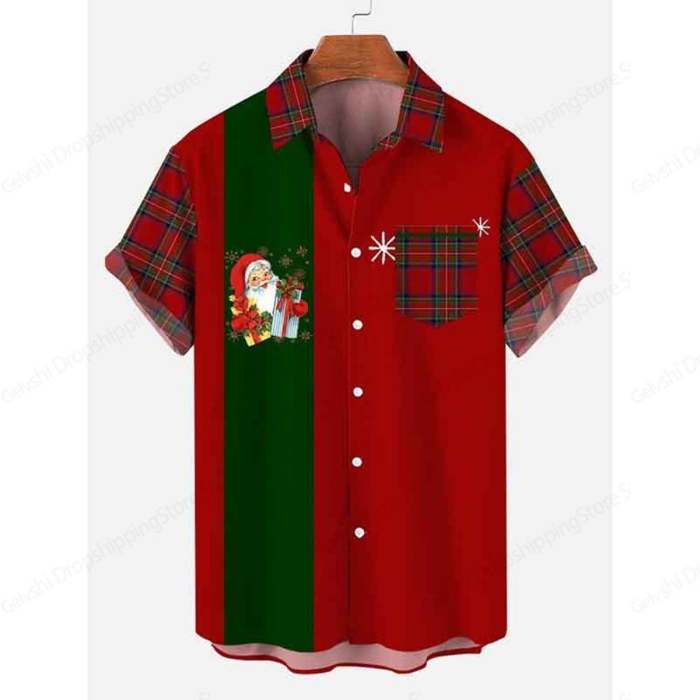 Santa Claus Hawaiian Shirt Pocket Christmas Elegant Print Shirt Men Women Fashion Short Sleeve Hawaiian Shirt Beach Blouse Elk
