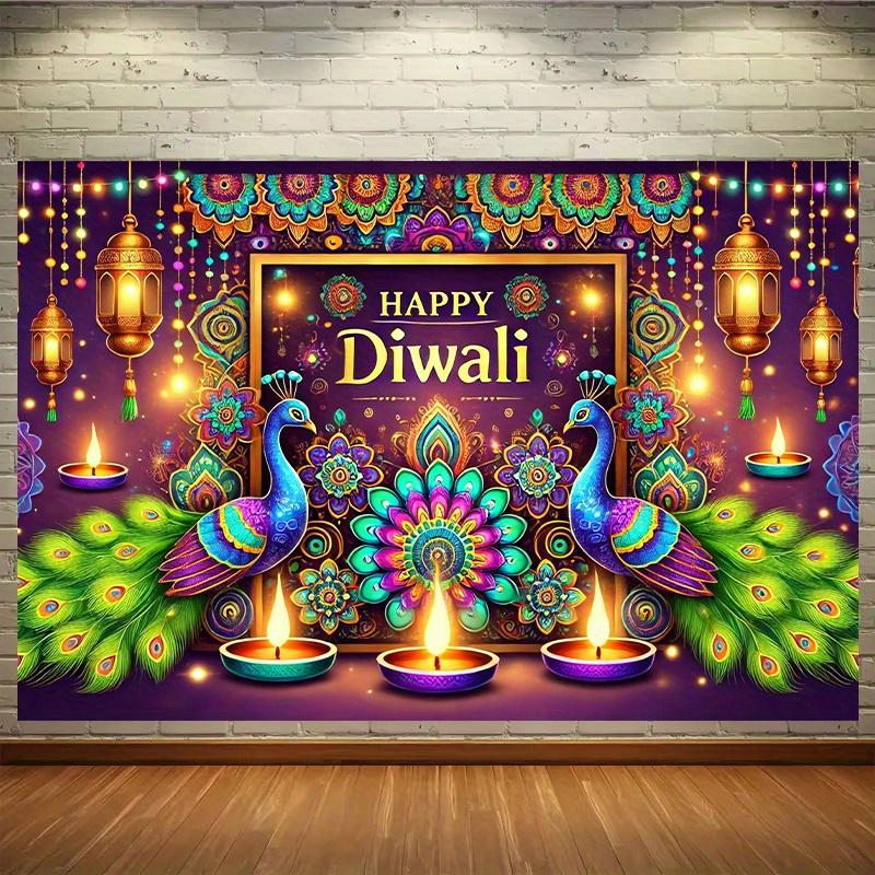 1 Vibrant Diwali Backdrop Cloth - Colorful Peacock and Diya Design  No Power Required