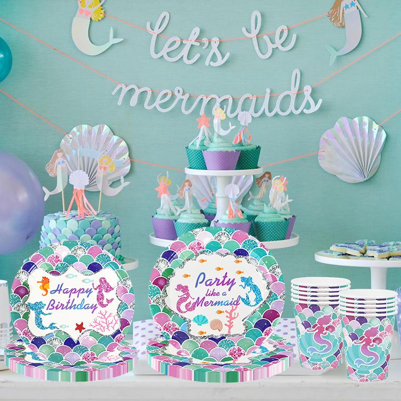 Набор одноразовой посуды «Русалочка» Бумажные тарелки для чашек на тему «Русалочка» Для детей и девочек Украшения для вечеринок на день рождения Под водой