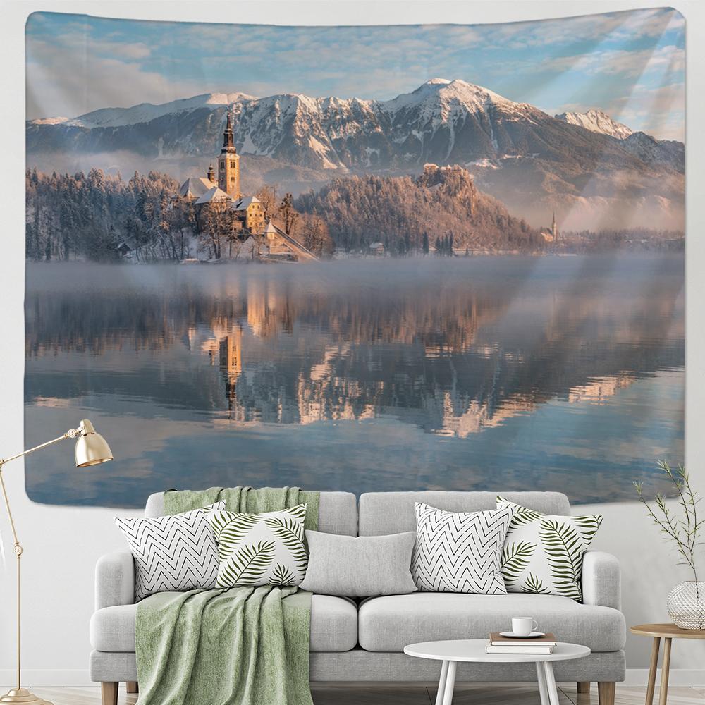 Церковь Снежная Гора Отражение Гобелен Настенный декор Богемный Ветер Хиппи Психоделические Реки Общежитие Современный Домашний Декор