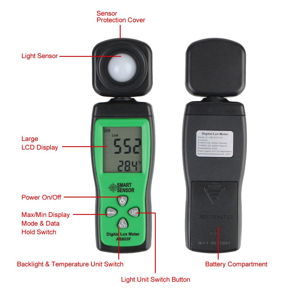 Цифровой люксметр с ЖК-дисплеем, люксметр, измеритель освещенности 0-200000 люкс, интеллектуальный датчик AS803F, фотометр, универсальный