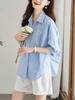 Women's Mid-Sleeve Blue Cotton Shirt - Summer 2025 Loose Slimming Casual Top