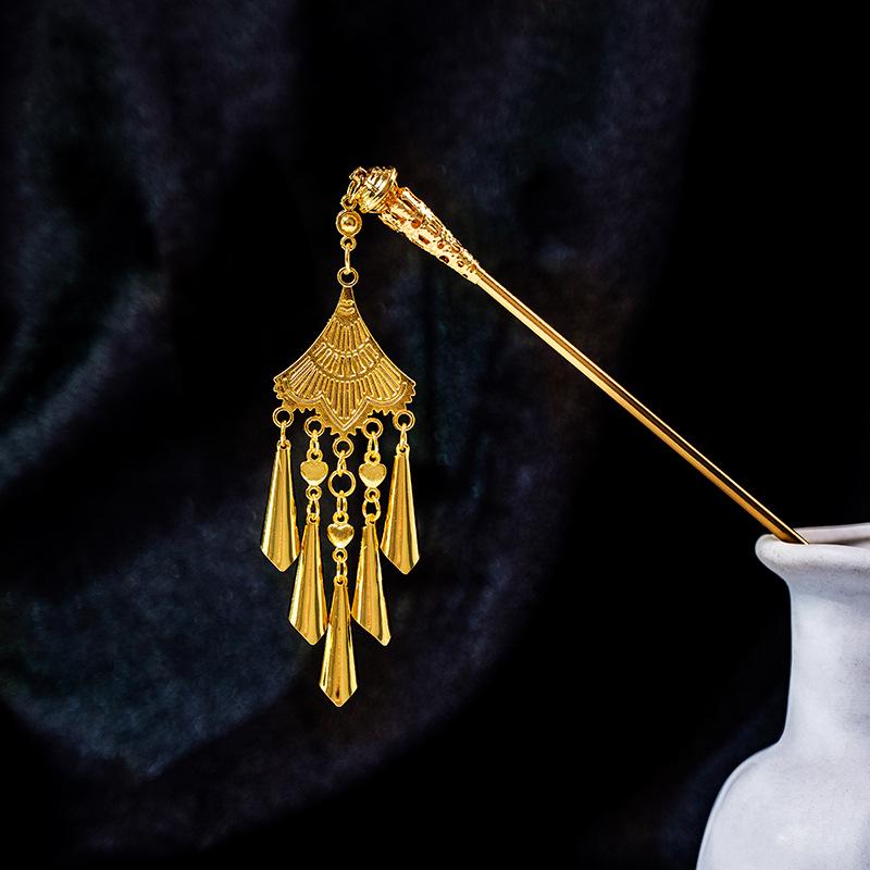 Hollow Geometric Tassel Hairpin for Women - Ethnic Style with Water Drop Leaf Round Design, Hanfu Accessory