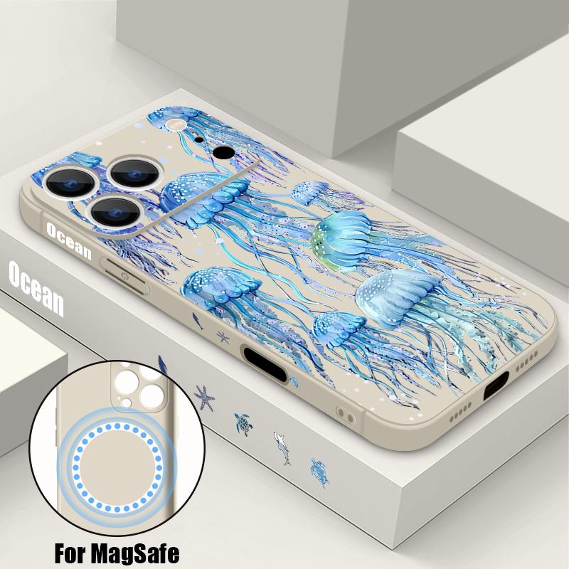Магнитный чехол для Magsafe для iPhone 17 Pro Max Синий с принтом медуз Мягкий силиконовый задний чехол для телефона для iPhone 16 15 14 13 Pro Max 16e 17e