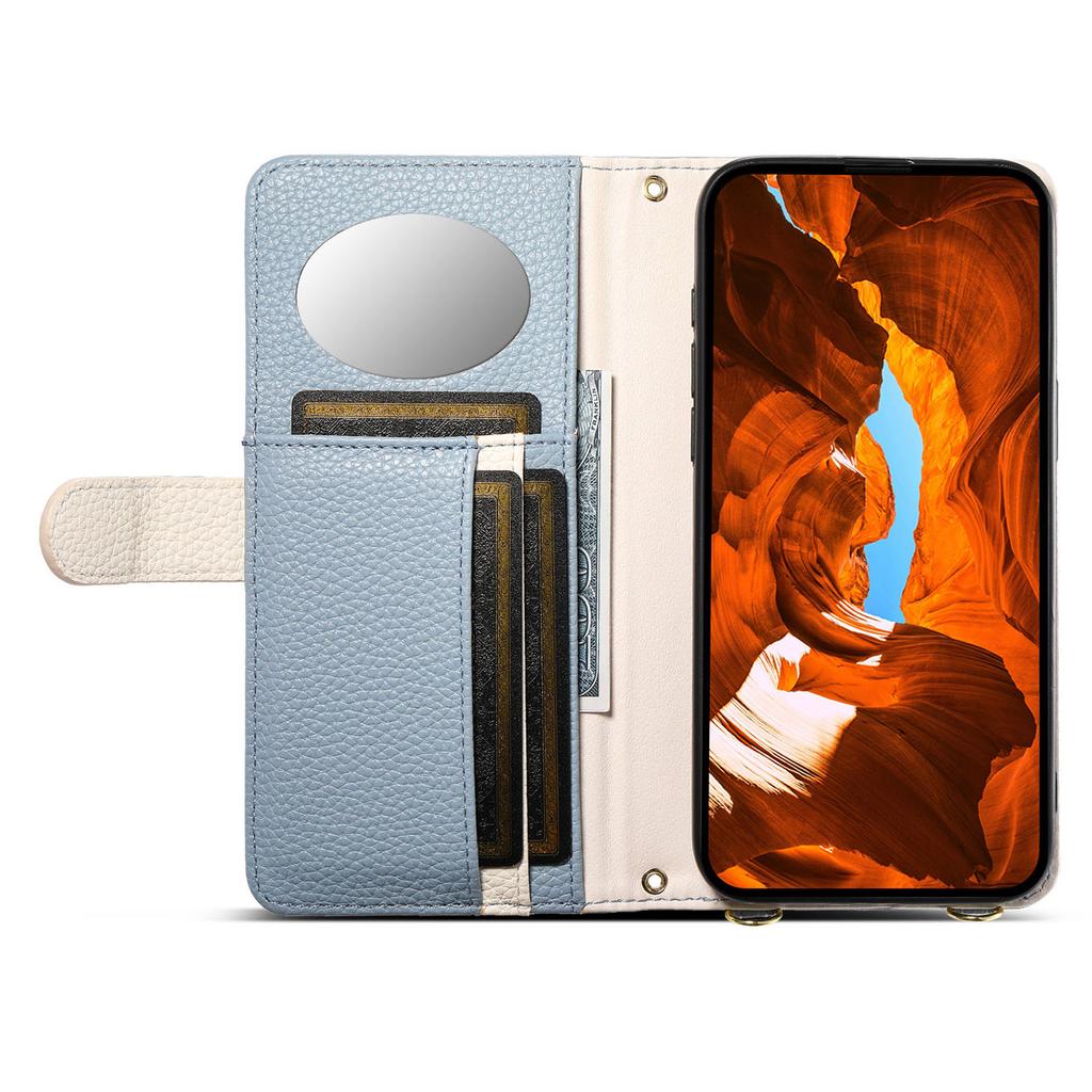 ESEBLE E11 For iPhone 14 Pro Max Case Zipper Pocket Litchi Texture Leather Phone Cover with Mirror and Wrist Strap