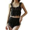 LanBuff Sexy Lingerie Short Cami Pettipants Top and Bottom Set Bustier Pannier Pants Bridal Underwear Nightwear Women's (Black)