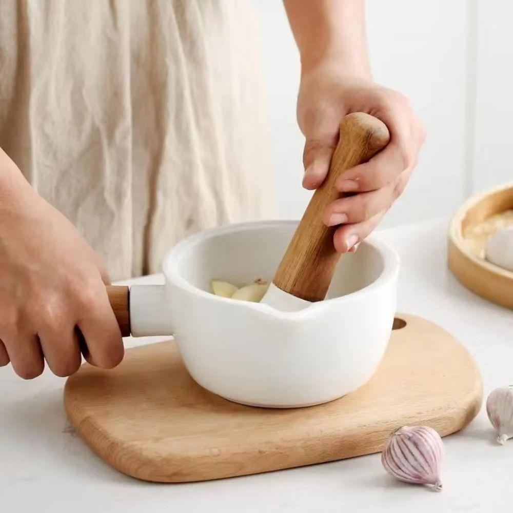 Efficient Grinding Hand-held Mashing Jar with Wood Handle Pottery Grinding Bowl  Household