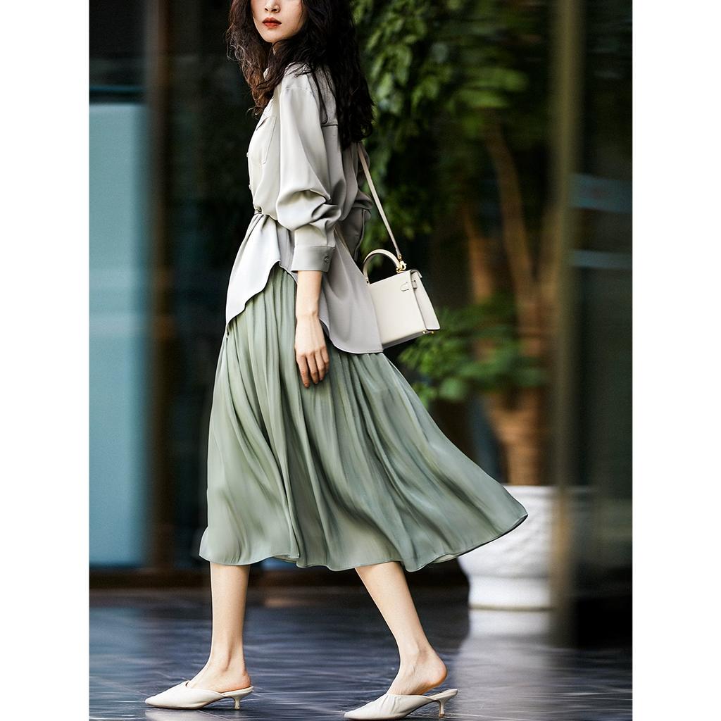 Dimanaf 2025 Summer Women New Skirts Solid Elastic Waist Pleated Mesh Elegant Skirts