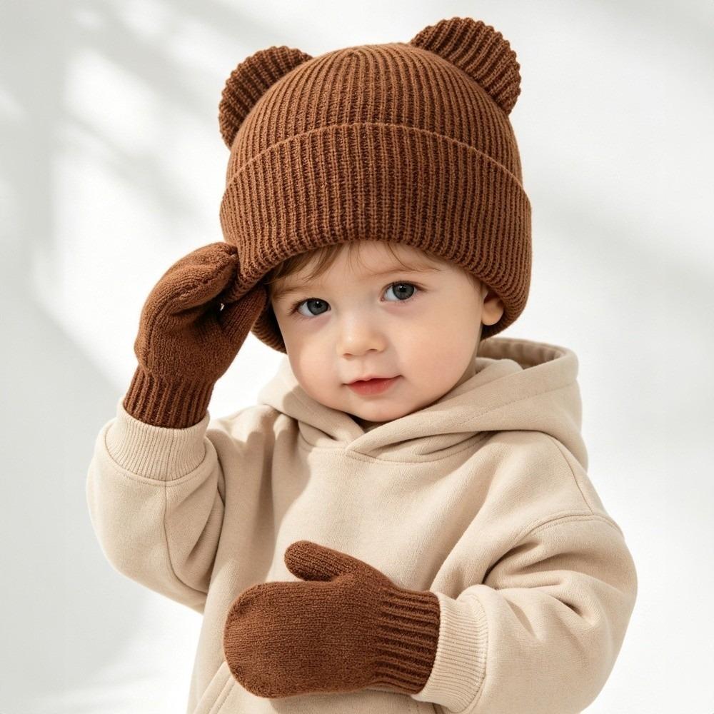 Solid Color Baby Knitted Hat Winter Baby Hat Glove Set Cute Kids Pullover Hats Kids