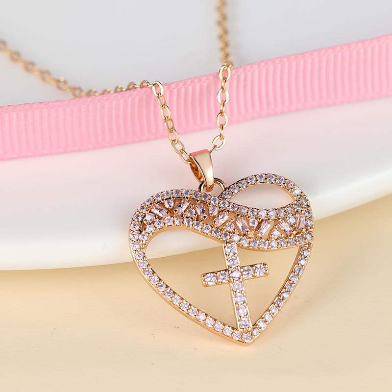 Женское сердце с крестом, ожерелье с сердцем любви, белый цирконий, золотой цвет, цепочка на ключицу, подарок
