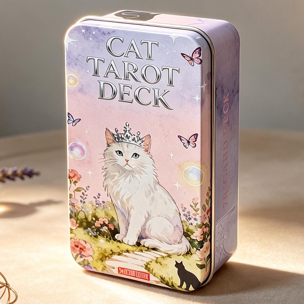 Cat Tarot Deck 78 Cards with Guidebook, Cute White Cat Theme Tarot Cards 11*6.2cm Fortune Telling Cards in Portable Tin Box