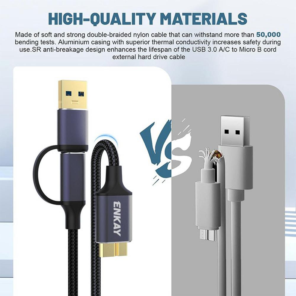 ENKAY HAT PRINCE 2 in 1 0.5m USB 3.0 A/Type-C to USB 3.0 Micro B Cable Camera Hard Drive Rapid Data Transfer