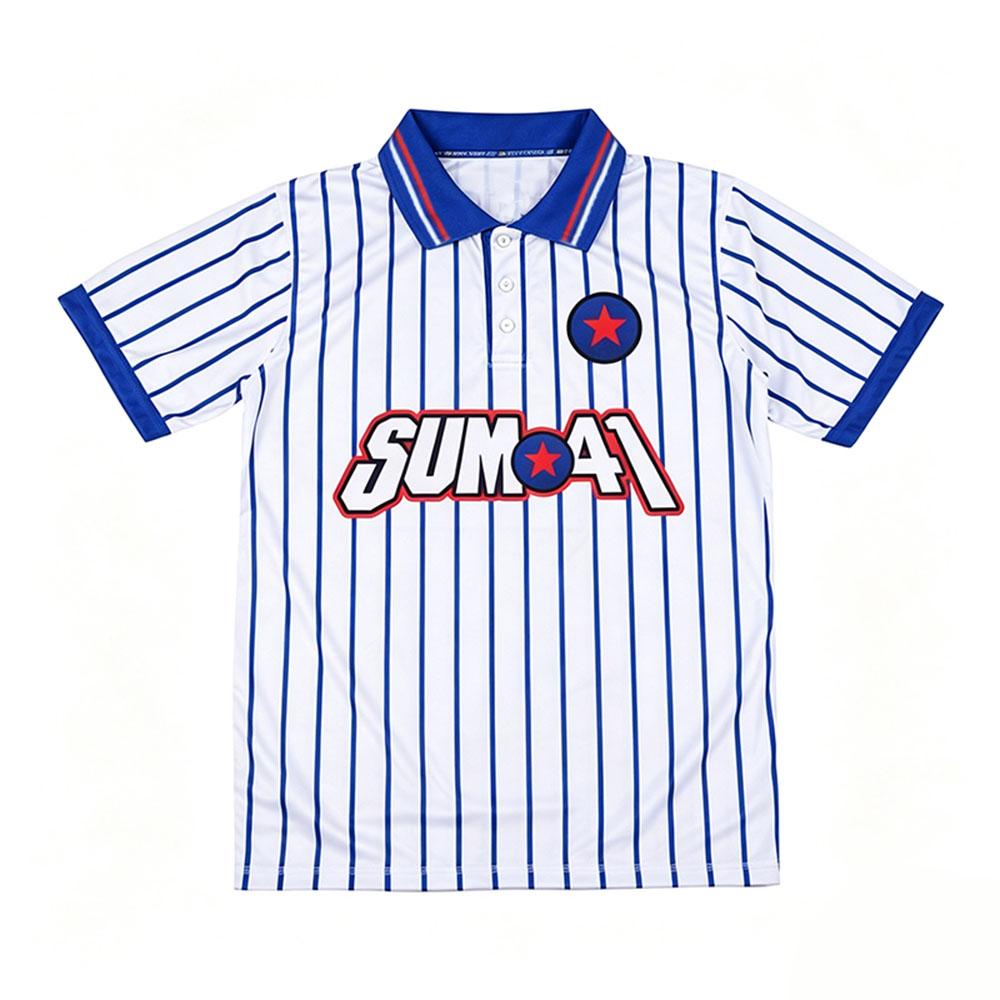 Sum41 Band Polo Shirt Unisex Striped Short Sleeve Jersey Blue White Vertical Stripe 3‑Button Collar Sports Top T-shirt Men Women