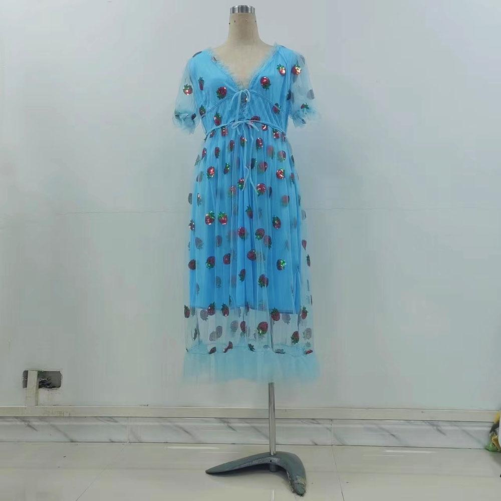 1011 French Strawberry Four-Color Sequin Sweet Long Dress with Mesh Tie, Slim Fit Fashion Dress