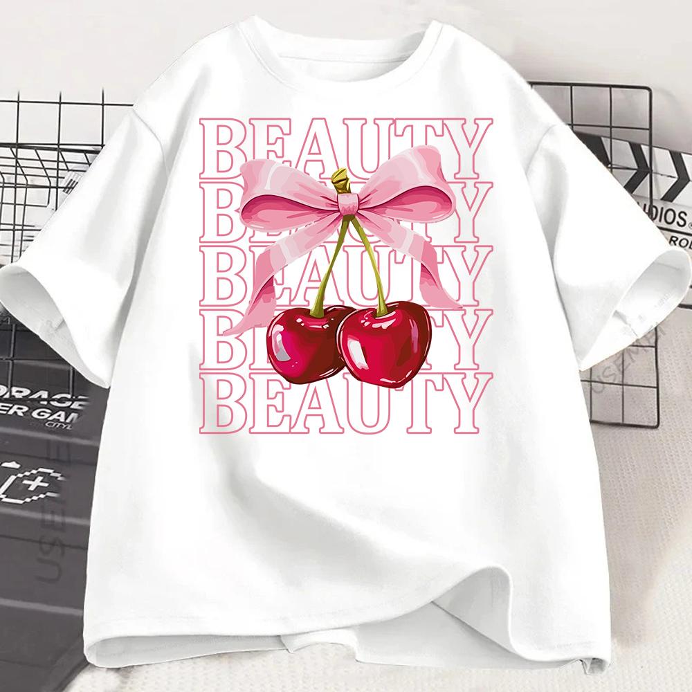 Girls Casual Short Sleeve Round Neck TShirt Summer with Fabric Playful Casual Shirts for Girls Cherry Graphic Tee Comfortable