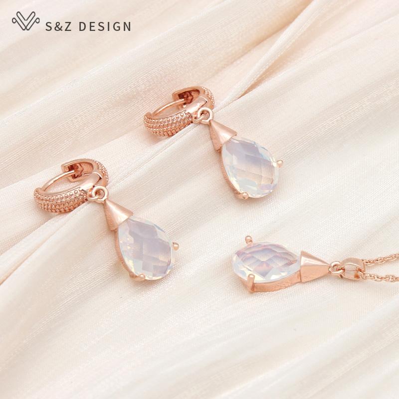 Модные серьги с каплями воды и кубическим цирконием, висячие серьги, комплекты ювелирных изделий для женщин, свадебное ожерелье с подвеской цвета розового золота