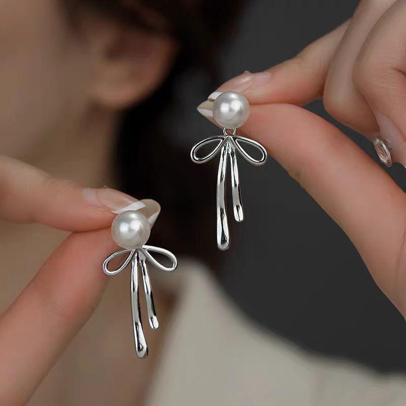 Модные серебряные серьги-капли с бантом из ленты для женщин и девочек в корейском стиле, серьги с имитацией жемчуга, свадебные украшения, подарки