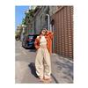 Womens High-Waisted Wide-Leg Cargo Pants With Pleats Stripes Loose Fit Casual Trousers Jazz Dance