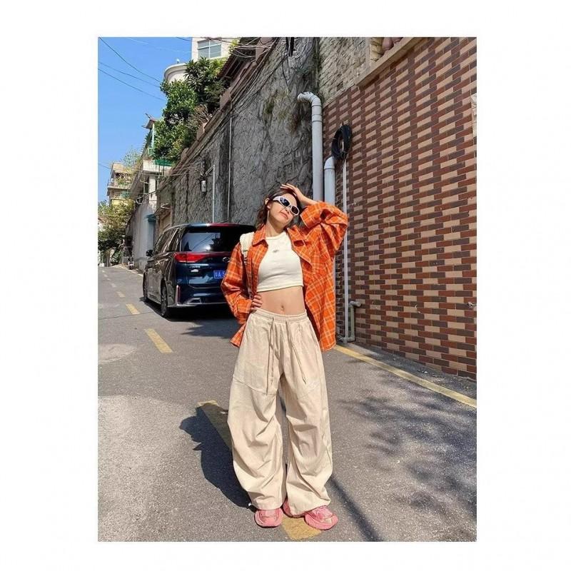 Womens High-Waisted Wide-Leg Cargo Pants With Pleats Stripes Loose Fit Casual Trousers Jazz Dance