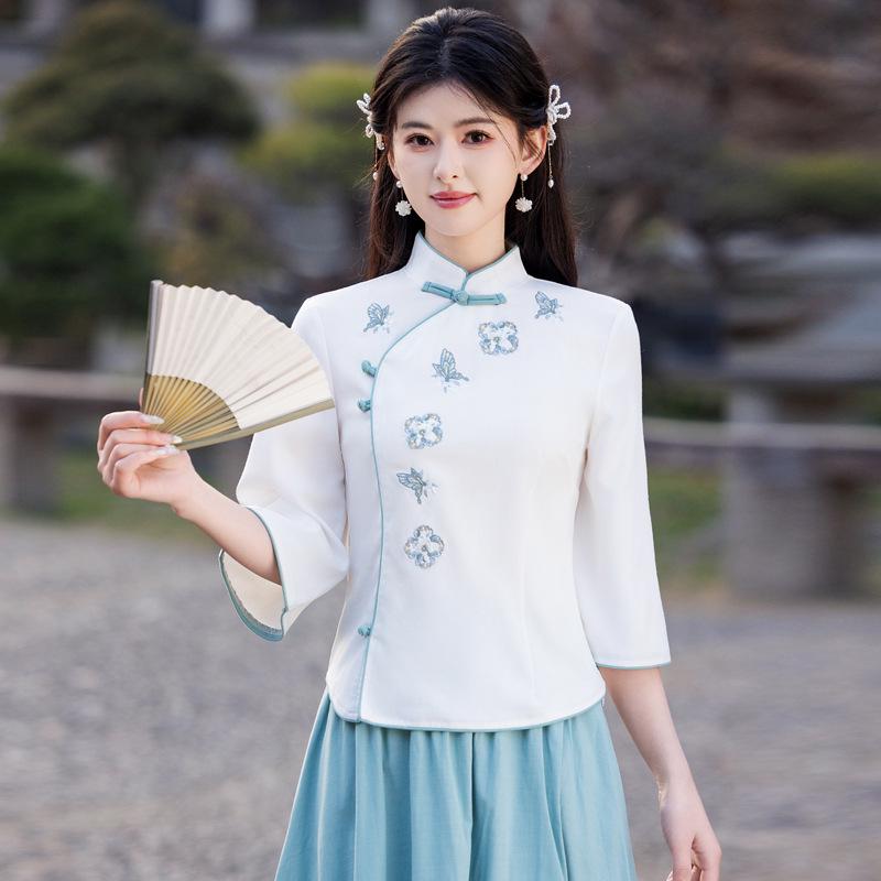 Летний ретро китайский костюм Тан с вышивкой из хлопка и льна, топ ципао со стойкой