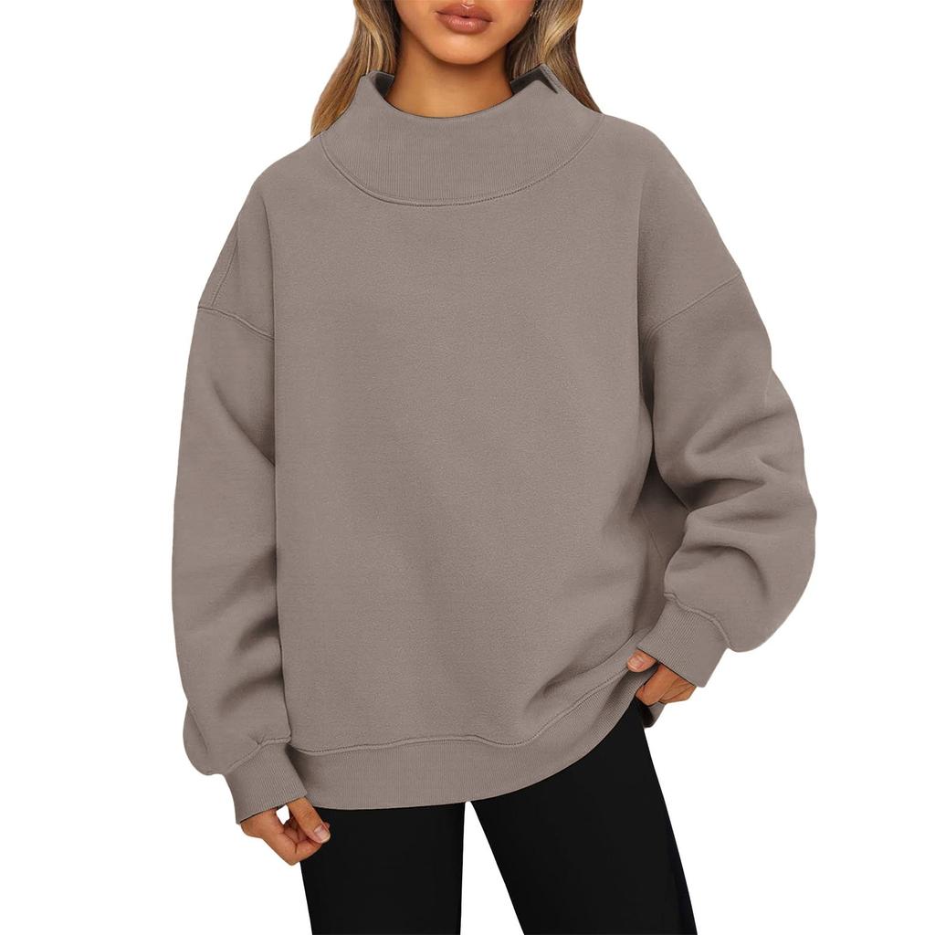 Ladies' Fashionable Loose High Neck Long Sleeved Solid Color Hoodie Top Pullover