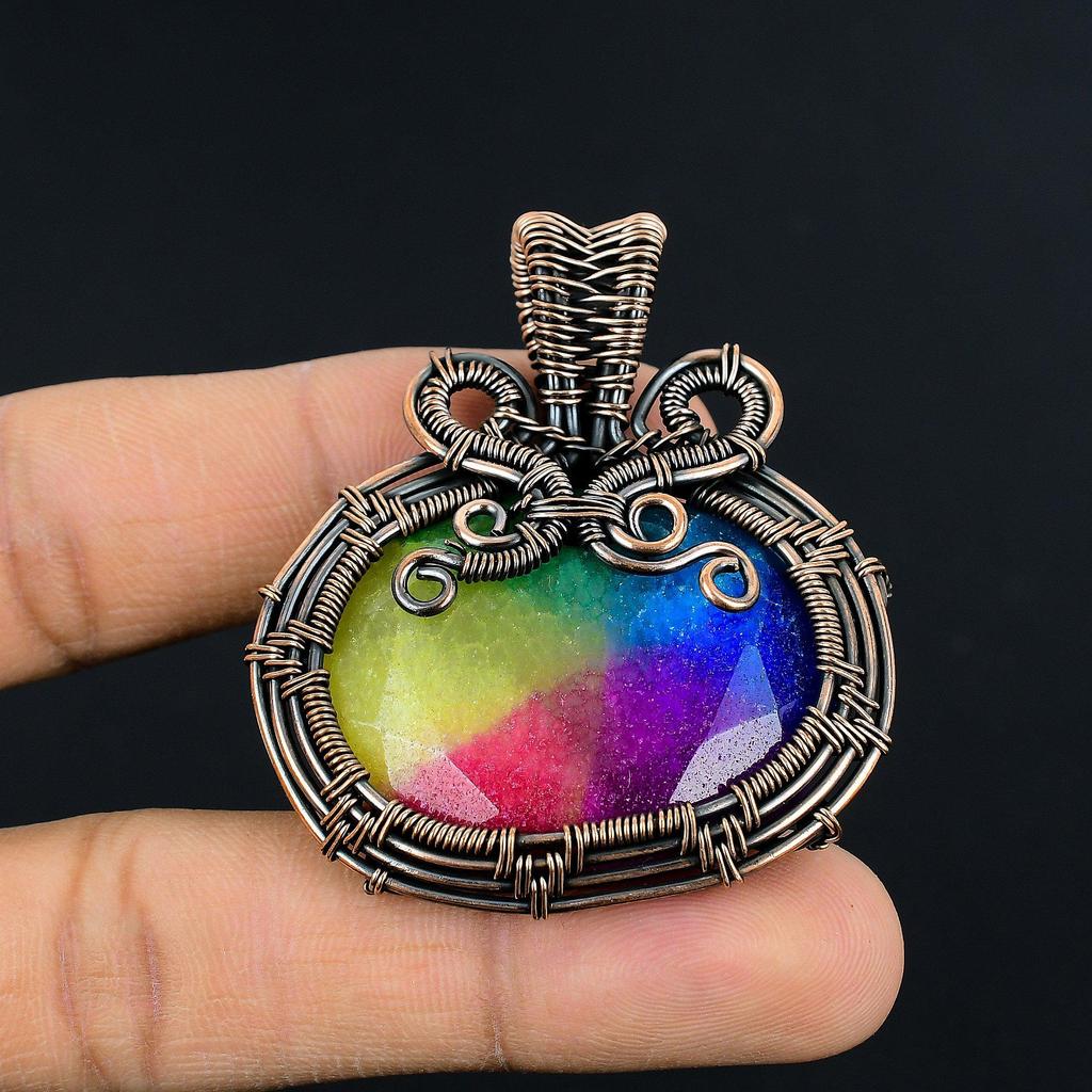 Rainbow Solar Quartz 999 Copper Wire Wrapped Pendant, Handmade Gemstone Pendant Jewelry, Gifts For Wife Brand New Pendant