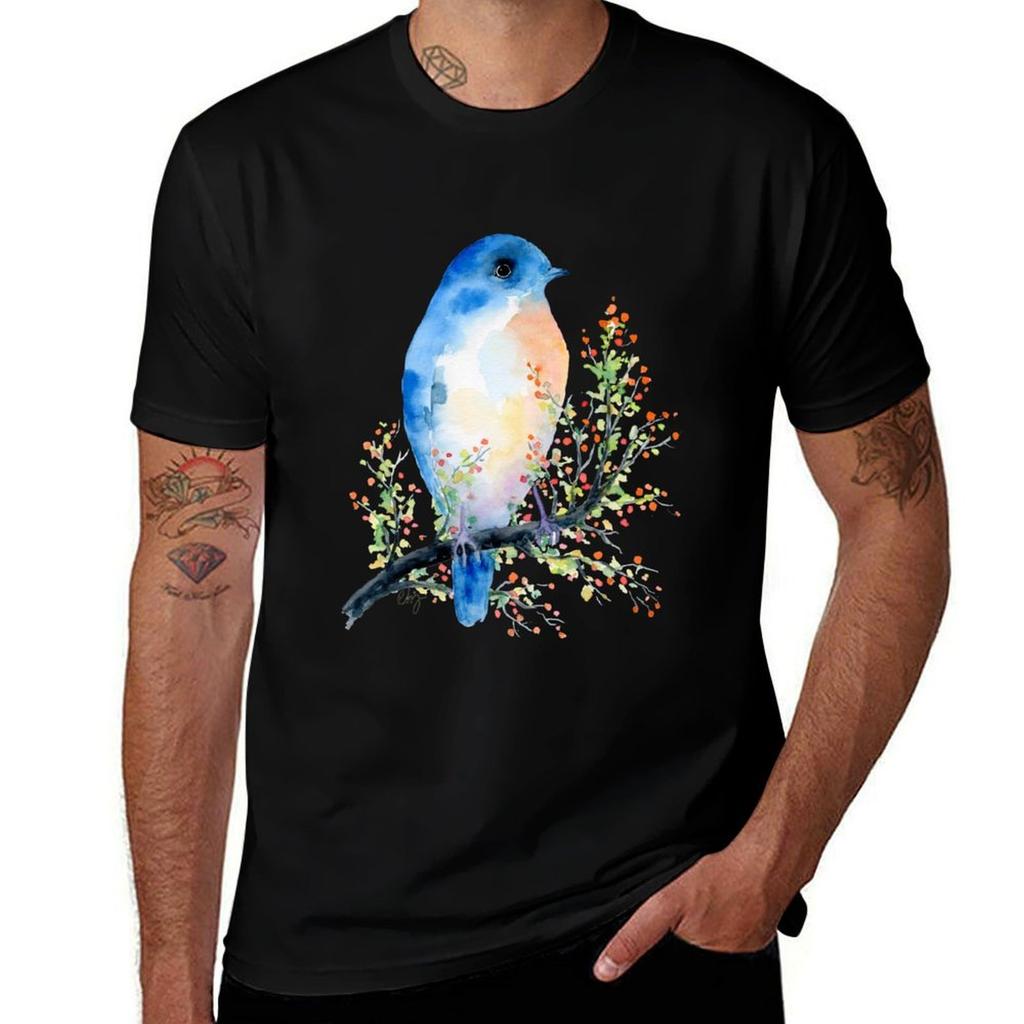 Watercolor Blue Bird On Berry Branch Tshirt Fashion Print Casual Short Sleeve