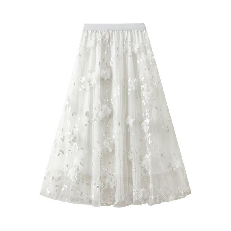 Mesh Embroidery Heavy Industry Half Length Skirt Large Size Yarn Skirt Spring A-line Artistic High Waist Long Skirt