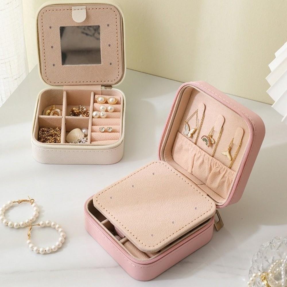 Storage Organizer Waterproof Portable Jewelry Box with Mirror Square Travel Organizer Zippered Closure Necklace Ring Box Travel