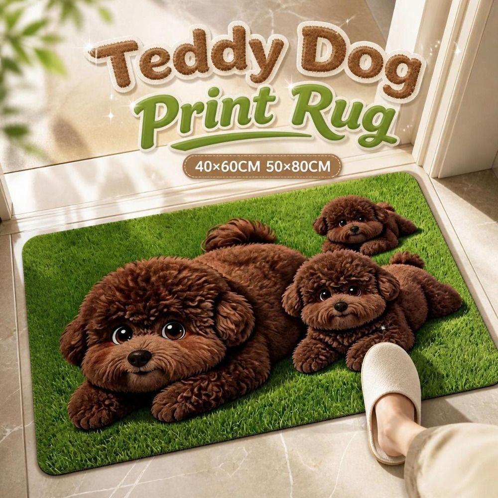 Absorbent Teddy Dog Print Rug Diatomite Entryway Rug Durable Floor Mat Home Decor