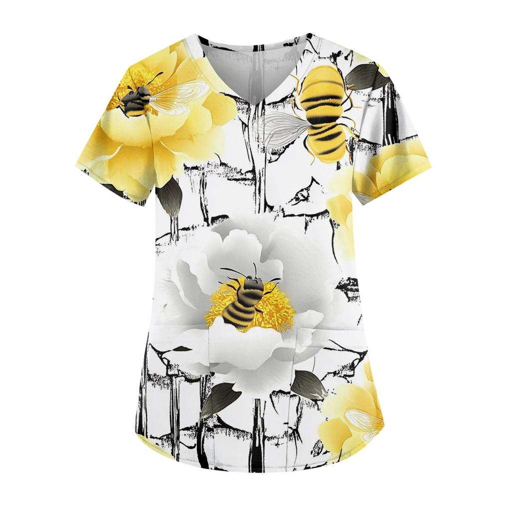 Рабочая форма больших размеров с принтом, топы для женщин, забавные футболки с v-образным вырезом и короткими рукавами, рабочая одежда, футболка с карманами