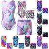 Kids Girls Gymnastics Yoga Dance Sport Sets Fancy Print Leotard and Shorts Dancewear Outfits
