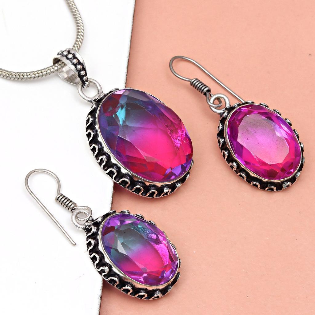 Tourmaline Set Gemstone Gift Wedding Party Bi-Color Pendant,Earring,Ring