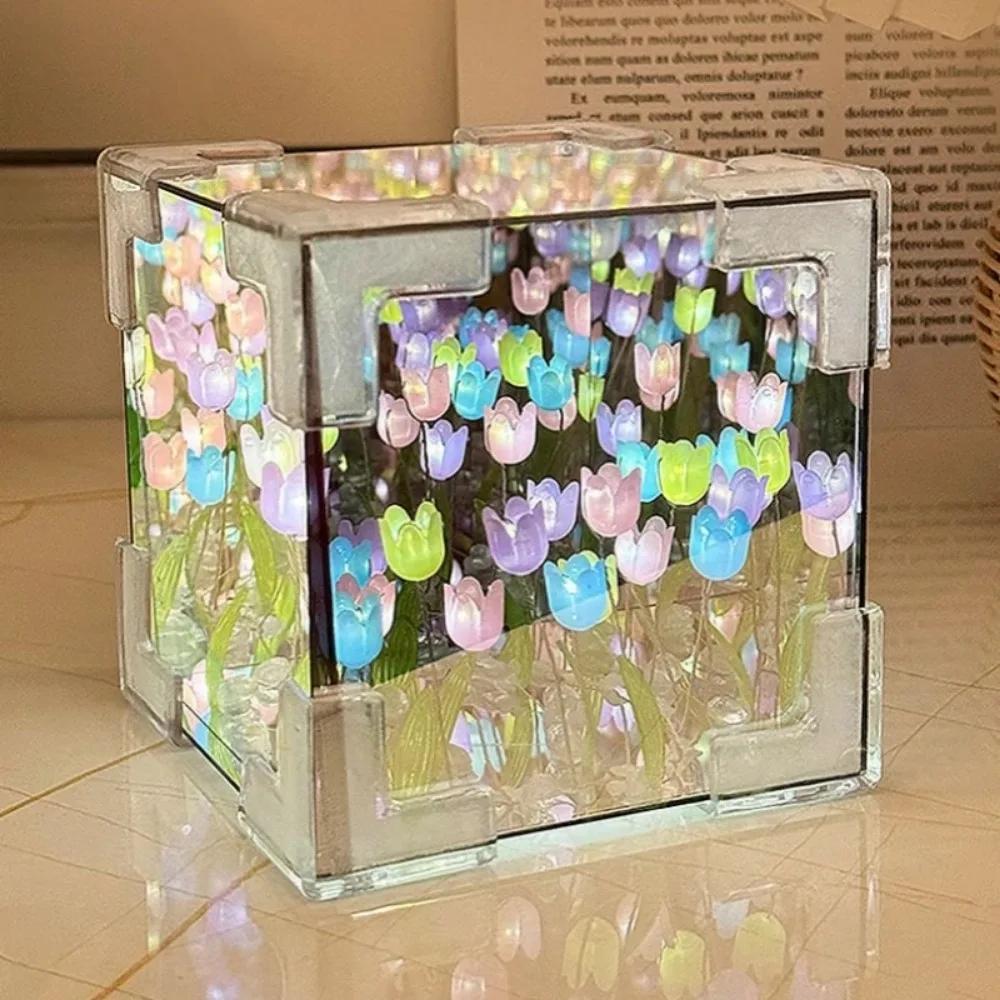 DIY Тюльпан Зеркальный Куб Лампа Имитация Цветка Спальня Спальная Настольная Лампа Ручной Работы Тюльпаны Зеркало Ночник Подарок На День Рождения
