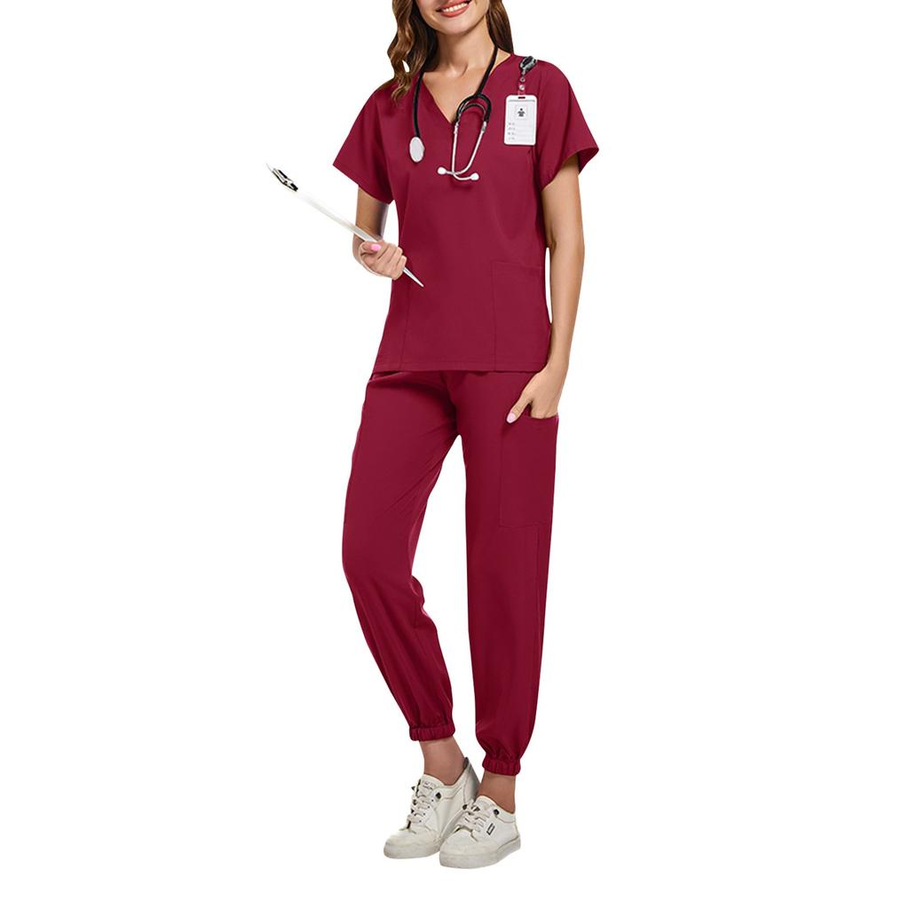 Ladies' Two-piece Set Short Sleeved Solid Color Pocket Top Pants Work Clothes Two-Piece Set