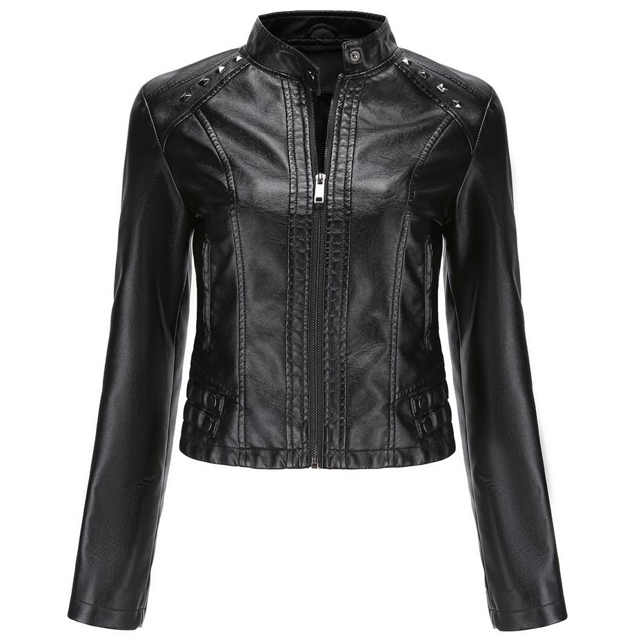 Women Faux Leather Jacket Cropped Zip Up Motorcycle Short PU Moto Biker Outwear Fitted Slim Coat with Pockets Stylish Rivets Punk Rock Fashion Blazer