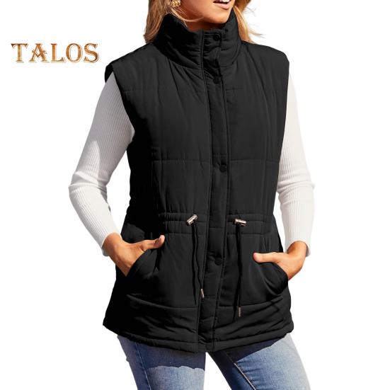 Winter Women Vest Coat Thickened Padded Button Closure Stand Up Collar Sleeveless Solid Color Drawstring Tight Waist Windproof Heat Retention Outdoor