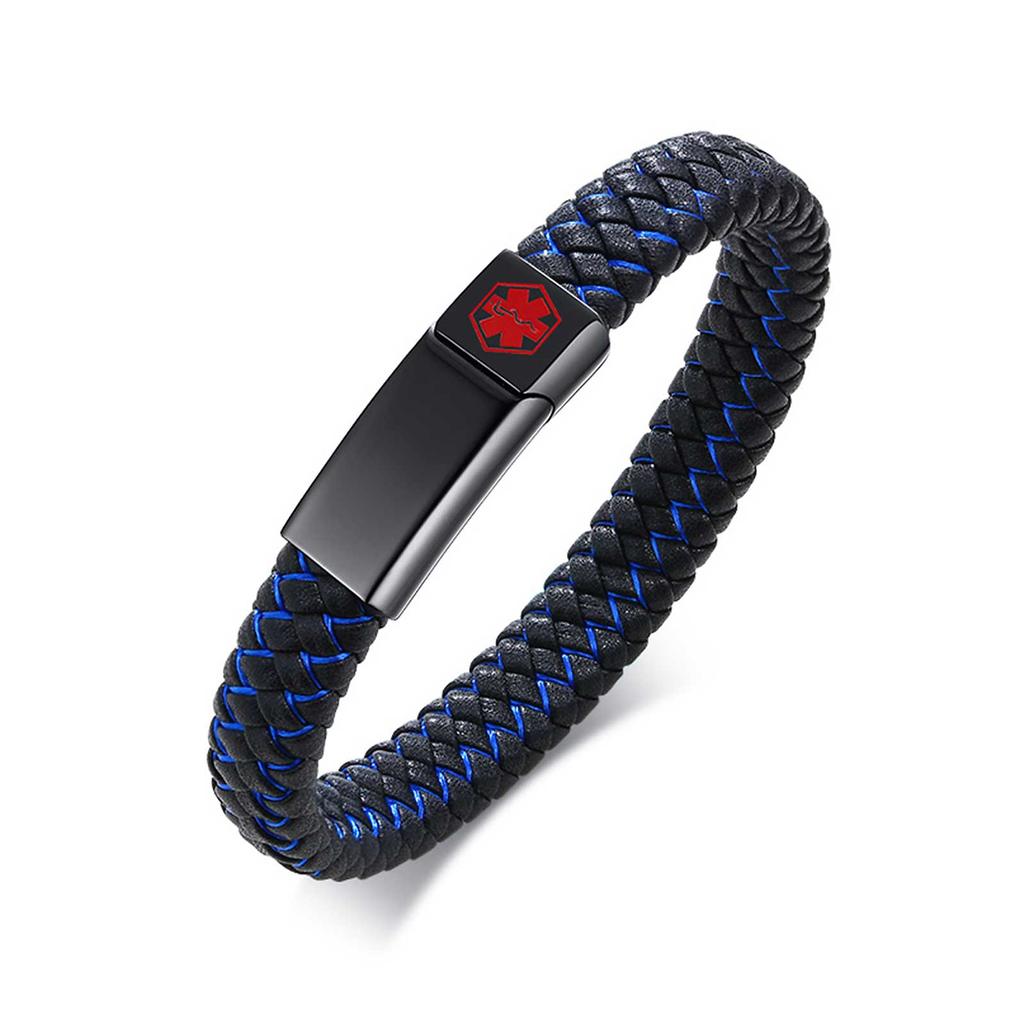Customized Engrave Medical Alert ID Bracelet, Stainless Steel Magnetic Buckle Woven Leather Wristband Bangle for Men