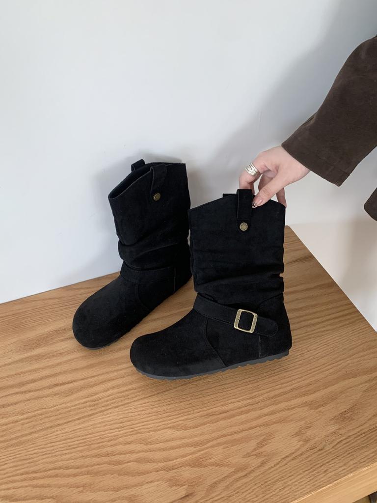 2025 winter new pleated stacking boots women's retro matte fleece western boots medium tube Martin boots inner heightening short boots