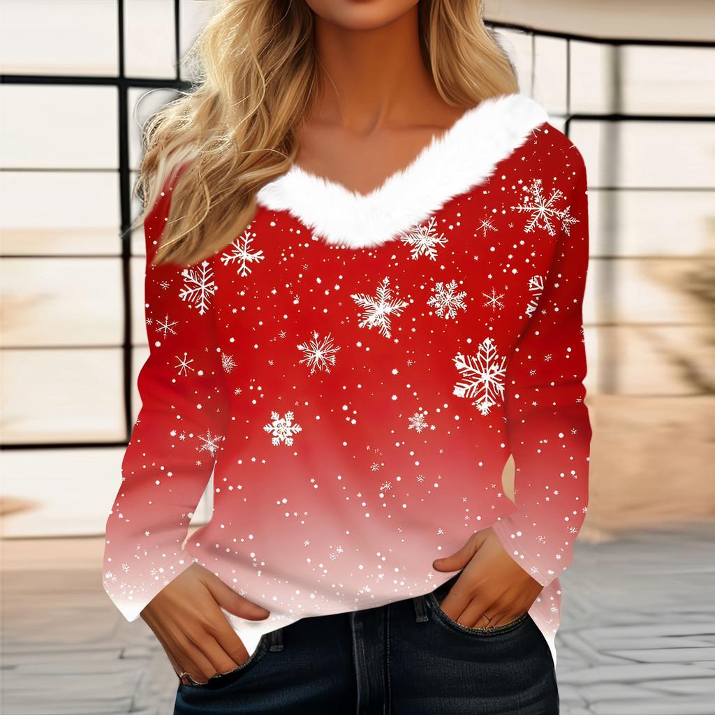 Женская футболка с рождественским принтом, вечерние рубашки с длинным рукавом, рождественский флисовый воротник, топ с v-образным вырезом