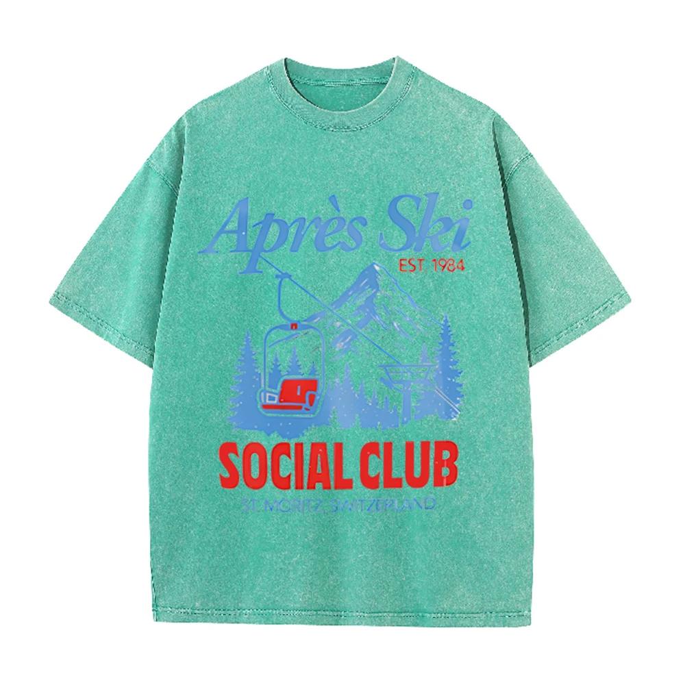 2026 Vintage AprèS Ski Mountain Cable Car Graphic Beige Washed T Shirt St Moritz Switzerland Outdoor Ski Social Club Oversized U