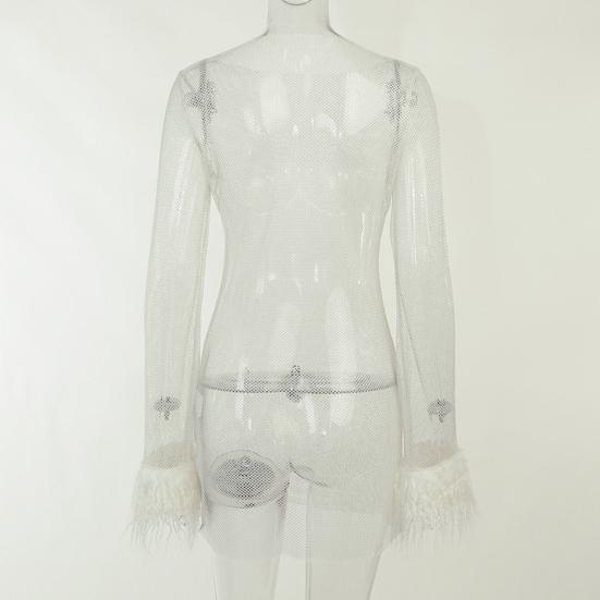 Sexy Glitter Evening Dress with Fur-Trimmed Cuffs Round Neckline Long Sleeves See-through Slim Fit Dress