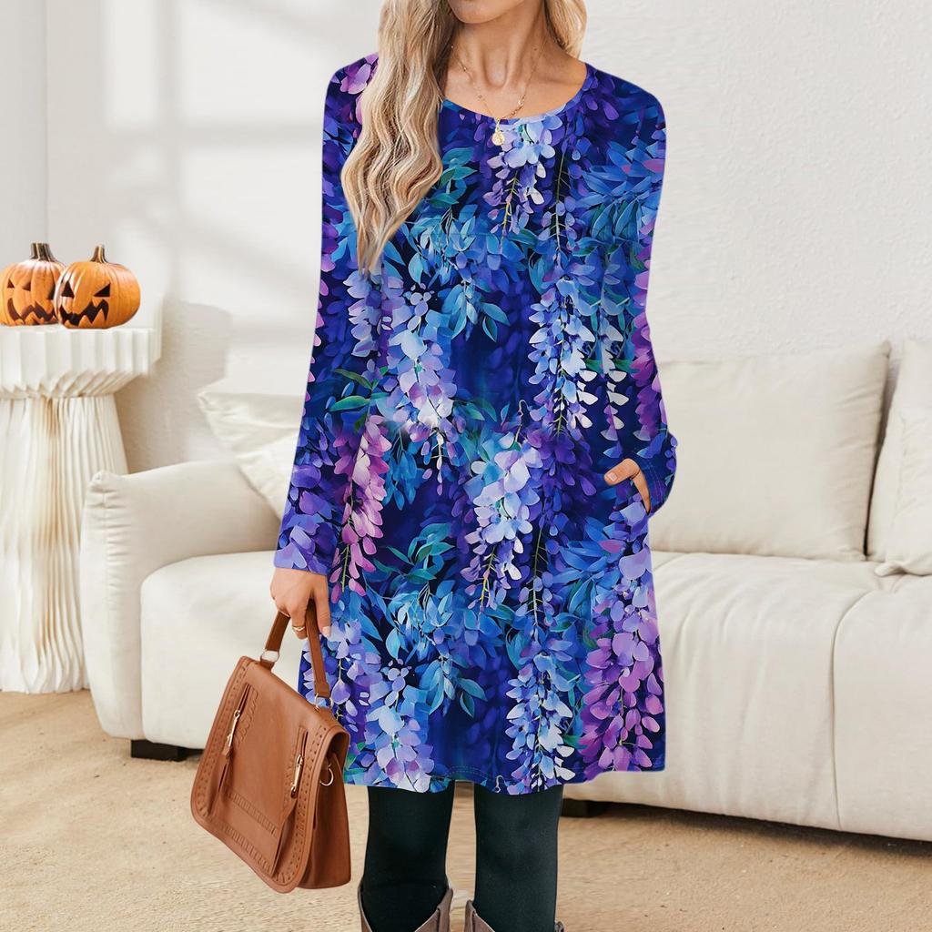 Женские повседневные модные платья с длинным рукавом, с графическим принтом, винтажные, с карманами