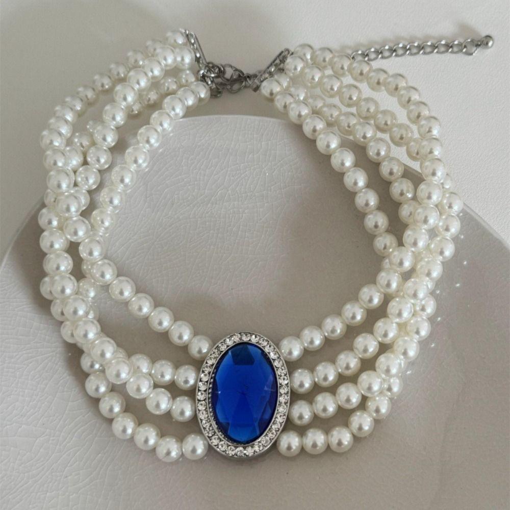 Четырехслойное ожерелье со стразами, цепочка на ключицу с синими драгоценными камнями, жемчужный воротник, чокер, свадьба