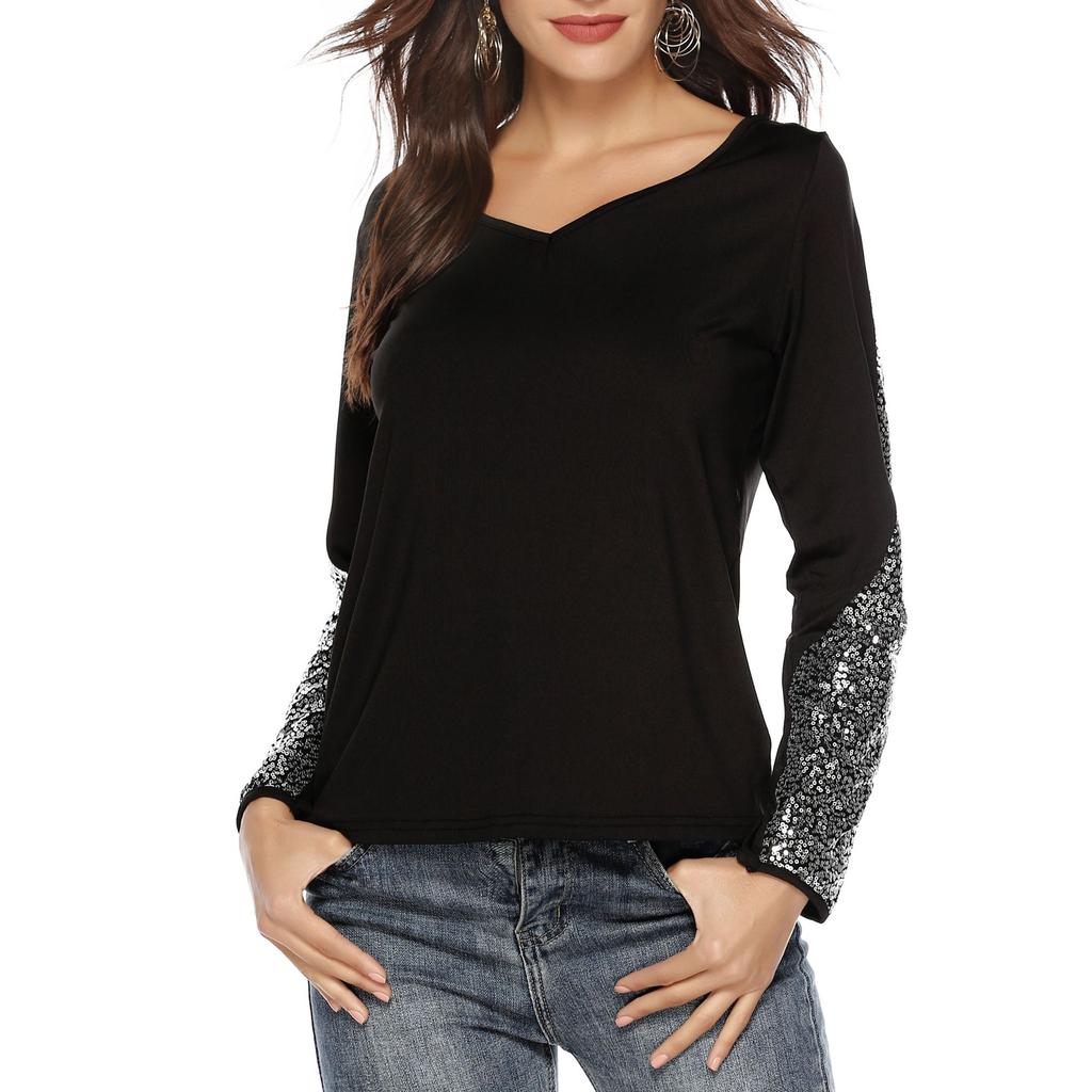 Женский модный повседневный однотонный топ с длинными рукавами и пайетками